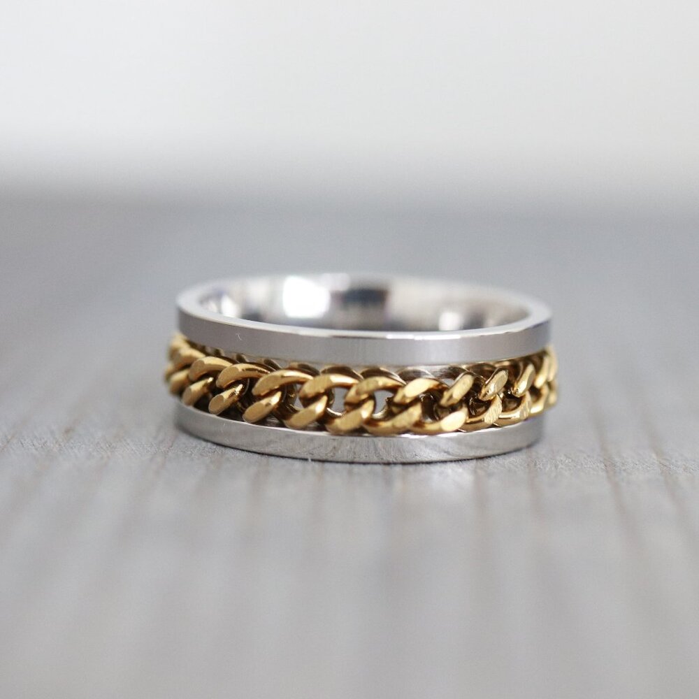 Mens Ring 8mm 2-Tone Spinning Cuban Chain Square Edge Ring Gold Plated Stainless